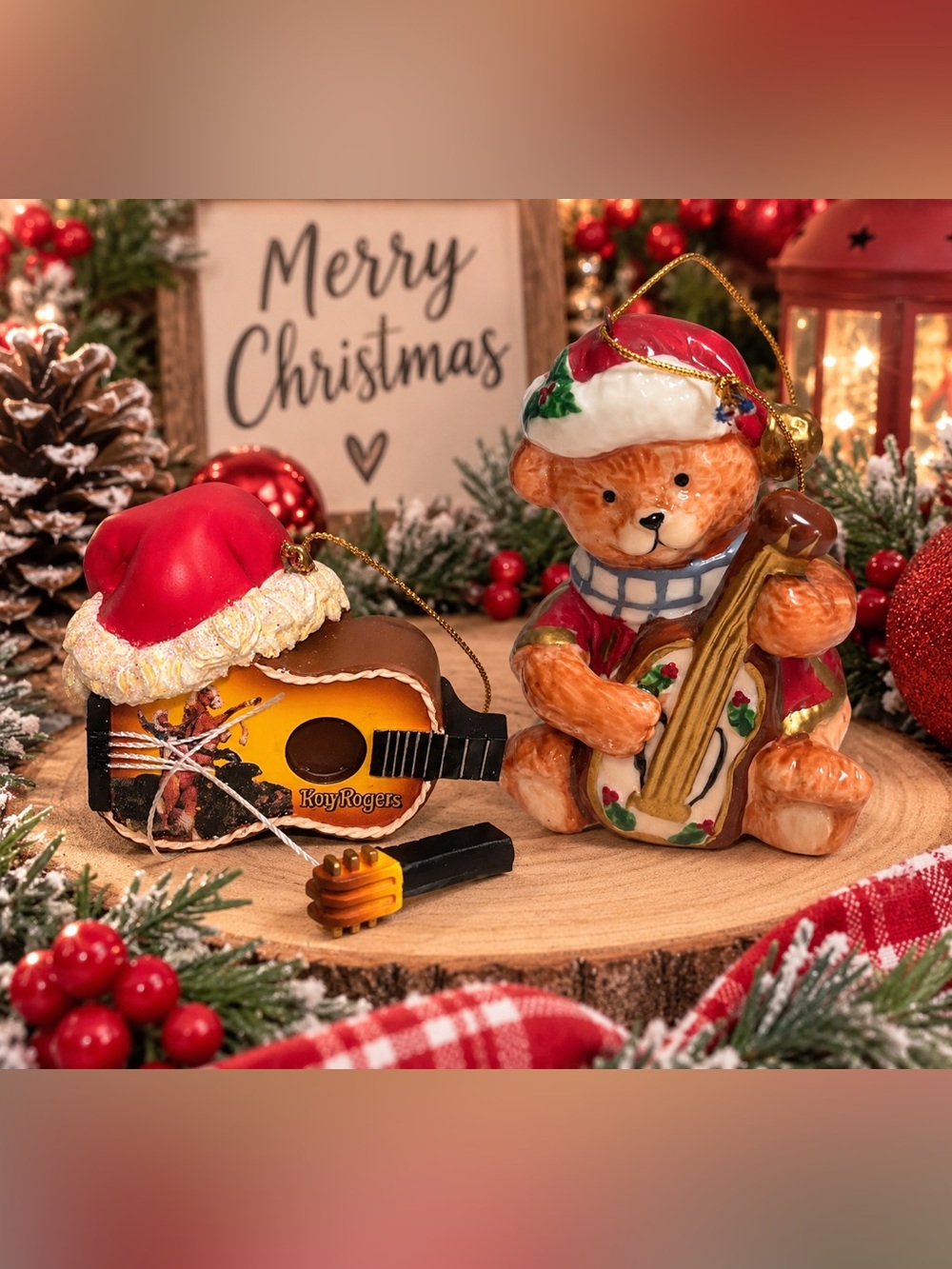 🎄 Vintage Christmas Ornament Set – Teddy Bear Harp & Kenny Rogers Guitar